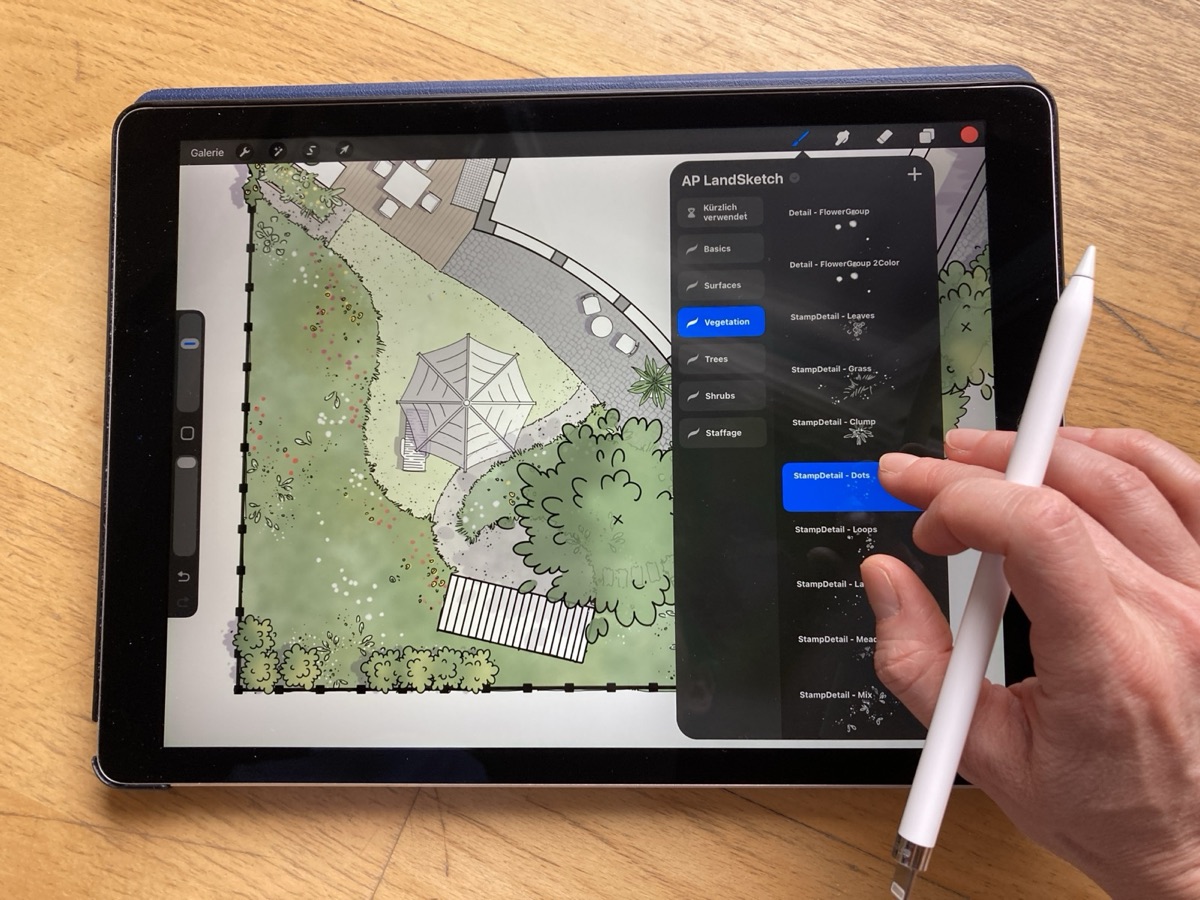 AP LandSketch PlanKit in Procreate auf dem iPad – Brush-Auswahl der Kategorie Vegetation